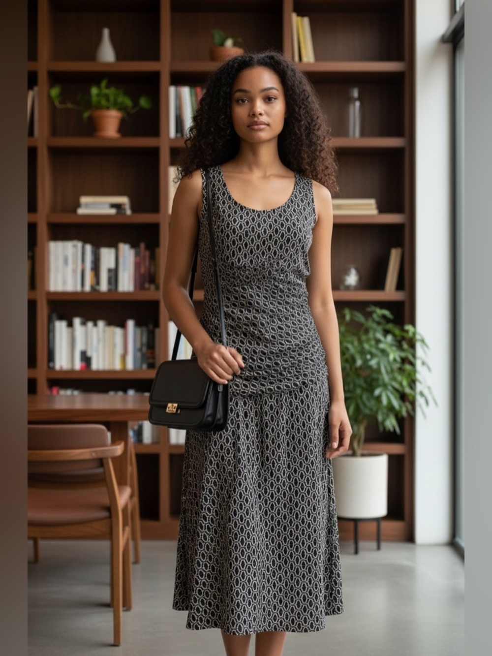Dress Barn Black & White Geometric Cowl Neck Midi Dress